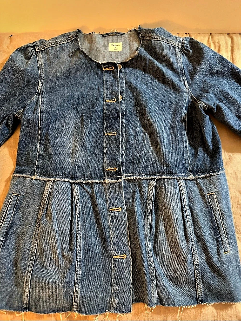 Gap Denim Collarless Peplum Jacket with Slight Puff Sleeve Size XL